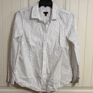 Talbots White Button-Down Shirt with Gold and Gray hearts Swirl Print Size L